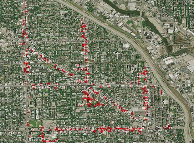 Aerial image of Wicker Park/Bucktown’s Priority One trees Color-coded aerial image of Wicker Park/Bucktown’s Priority One trees