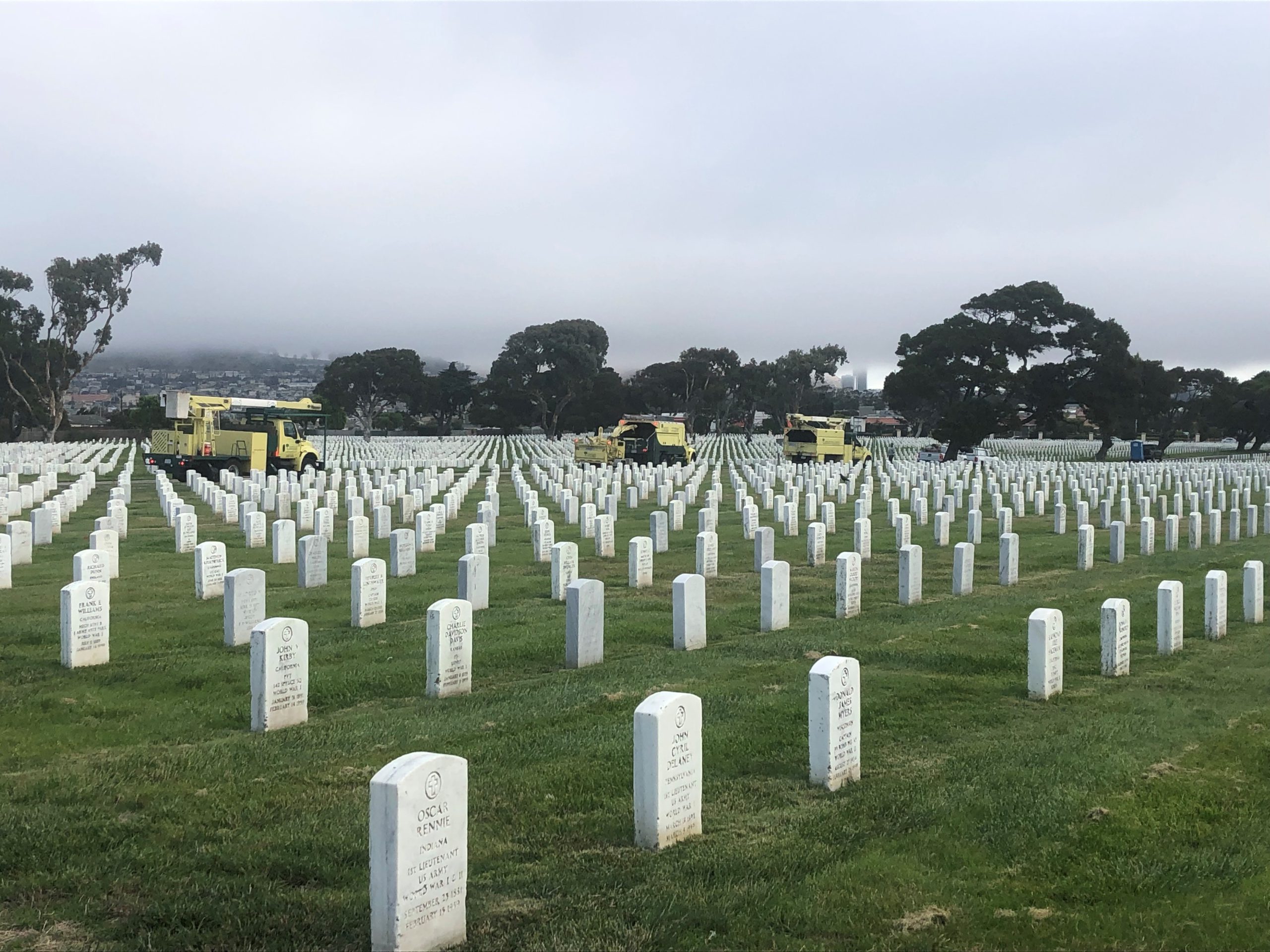 Bartlett vehicles prepare for a day of volunteer work for Saluting Branches at Golden Gate National Cemetery.